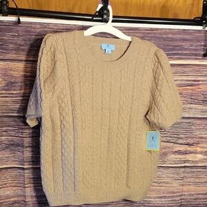 NWT CeCe Cotton Cable Knit Taupe Short Sleeve Sweater
